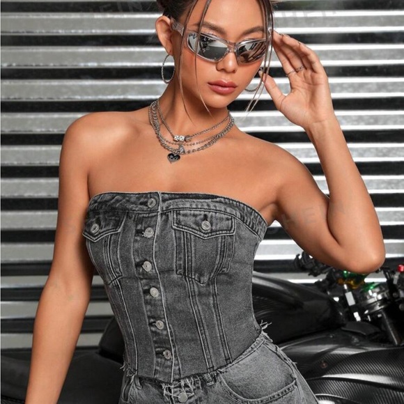 Flap Pocket Button Front Tube Denim Top - Picture 3 of 5